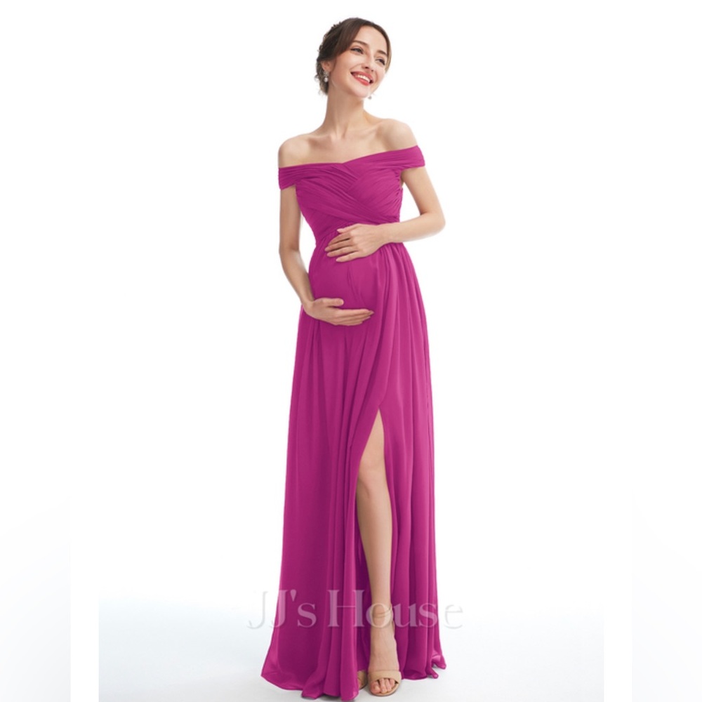 Floor length chiffon maternity dress- Fuchsia